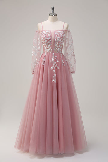 Blush Floral A Line Kold Skulder Lang Gallakjole med Lange Ærmer